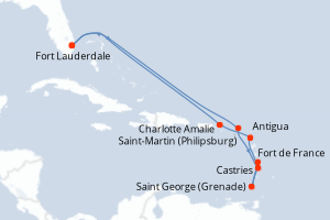 Carte itinéraire croisière États-Unis, Pays-Bas, Sainte-Lucie, Grenade, France, Antigua-et-Barbuda, Royaume-Uni - 11 jours au départ de Fort Lauderdale - Caraïbes Bahamas
