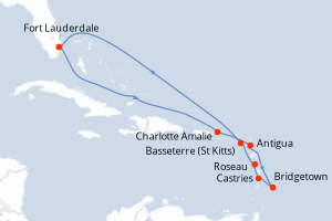 Carte itinéraire croisière États-Unis, Antigua-et-Barbuda, Barbade, Sainte-Lucie, Dominique, Royaume-Uni - 11 jours au départ de Fort Lauderdale - Caraïbes Bahamas
