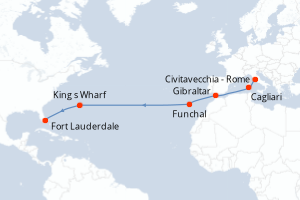 Carte itinéraire croisière Italie, Portugal, Royaume-Uni, États-Unis - 14 jours au départ de Civitavecchia - Rome - Transatlantique
