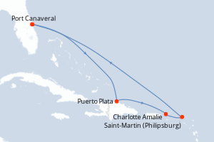 Carte itinéraire croisière États-Unis, République Dominicaine, Royaume-Uni, Pays-Bas - 7 jours au départ de Port Canaveral - Caraïbes Bahamas