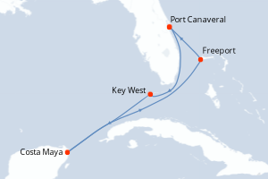 Carte itinéraire croisière États-Unis, Mexique, Bahamas - 7 jours au départ de Port Canaveral - Caraïbes Bahamas