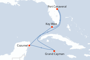 Carte itinéraire croisière États-Unis, Mexique, Caïmans (Îles) - 7 jours au départ de Port Canaveral - Caraïbes Bahamas