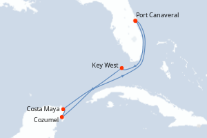 Carte itinéraire croisière États-Unis, Mexique - 7 jours au départ de Port Canaveral - Caraïbes Bahamas
