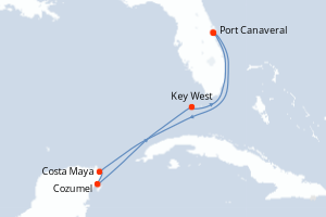 Carte itinéraire croisière États-Unis, Mexique - 7 jours au départ de Port Canaveral - Caraïbes Bahamas