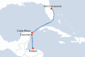 Carte itinéraire croisière États-Unis, Mexique, Honduras - 7 jours au départ de Port Canaveral - Caraïbes Bahamas