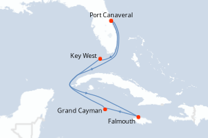 Carte itinéraire croisière États-Unis, Jamaïque, Caïmans (Îles) - 7 jours au départ de Port Canaveral - Caraïbes Bahamas