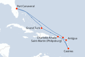 Carte itinéraire croisière États-Unis, Pays-Bas, Sainte-Lucie, Antigua-et-Barbuda, Royaume-Uni - 10 jours au départ de Port Canaveral - Caraïbes Bahamas
