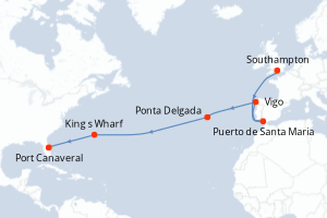 Carte itinéraire croisière Espagne, Portugal, Royaume-Uni, États-Unis - 13 jours au départ de Southampton - Transatlantique
