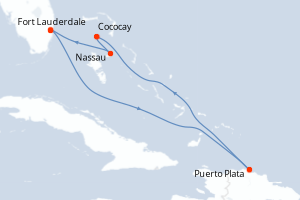 Carte itinéraire croisière États-Unis, République Dominicaine, Bahamas - 6 jours au départ de Fort Lauderdale - Caraïbes Bahamas