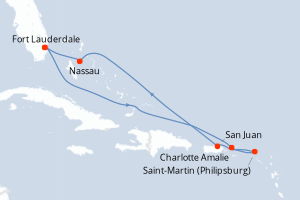 Carte itinéraire croisière États-Unis, Royaume-Uni, Pays-Bas, Porto Rico, Bahamas - 8 jours au départ de Fort Lauderdale - Caraïbes Bahamas