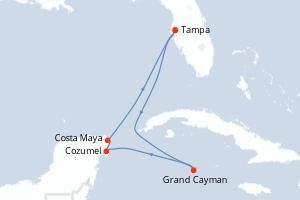 Carte itinéraire croisière États-Unis, Caïmans (Îles), Mexique - 7 jours au départ de Tampa - Caraïbes Mexique
