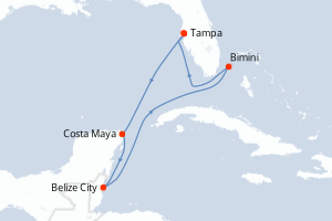Carte itinéraire croisière États-Unis, Mexique, Belize, Bahamas - 7 jours au départ de Tampa - Caraïbes Mexique