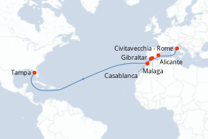 Carte itinéraire croisière Italie, Espagne, Royaume-Uni, Maroc, États-Unis - 16 jours au départ de Civitavecchia - Rome - Transatlantique