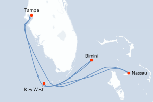 Carte itinéraire croisière Bahamas, États-Unis - 7 jours au départ de Tampa - Caraïbes Mexique