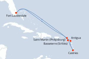 Carte itinéraire croisière États-Unis, Pays-Bas, Antigua-et-Barbuda, Sainte-Lucie, Royaume-Uni - 9 jours au départ de Fort Lauderdale - Caraïbes Bahamas