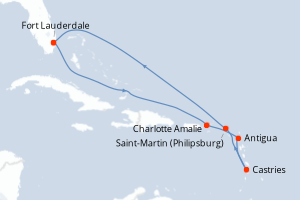 Carte itinéraire croisière États-Unis, Royaume-Uni, Antigua-et-Barbuda, Sainte-Lucie, Pays-Bas - 9 jours au départ de Fort Lauderdale - Caraïbes Bahamas