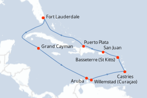 Carte itinéraire croisière États-Unis, Caïmans (Îles), Pays-Bas, Sainte-Lucie, Royaume-Uni, Porto Rico, République Dominicaine - 12 jours au départ de Fort Lauderdale - Caraïbes Bahamas