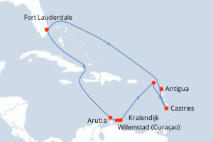 Carte itinéraire croisière États-Unis, Pays-Bas, Sainte-Lucie, Antigua-et-Barbuda - 12 jours au départ de Fort Lauderdale - Caraïbes Bahamas
