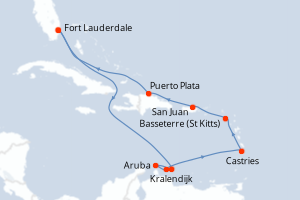 Carte itinéraire croisière États-Unis, Pays-Bas, Sainte-Lucie, Royaume-Uni, Porto Rico, République Dominicaine - 12 jours au départ de Fort Lauderdale - Caraïbes Bahamas