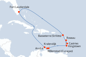 Carte itinéraire croisière États-Unis, Pays-Bas, Saint Vincent-et-les-Grenadines, Dominique, Sainte-Lucie, Royaume-Uni - 13 jours au départ de Fort Lauderdale - Caraïbes Bahamas