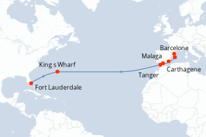 Carte itinéraire croisière Espagne, Maroc, Royaume-Uni, États-Unis - 15 jours au départ de Barcelone - Transatlantique