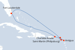 Carte itinéraire croisière États-Unis, Antigua-et-Barbuda, Pays-Bas, Royaume-Uni - 9 jours au départ de Fort Lauderdale - Caraïbes Bahamas