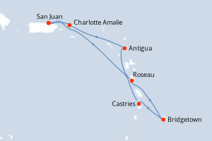 Carte itinéraire croisière Porto Rico, Dominique, Barbade, Sainte-Lucie, Antigua-et-Barbuda, Royaume-Uni - 7 jours au départ de San Juan - Caraïbes Bahamas