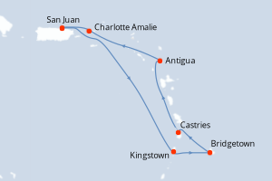 Carte itinéraire croisière Porto Rico, Saint Vincent-et-les-Grenadines, Barbade, Sainte-Lucie, Antigua-et-Barbuda, Royaume-Uni - 7 jours au départ de San Juan - Caraïbes Bahamas