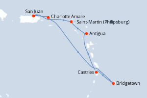 Carte itinéraire croisière Porto Rico, Royaume-Uni, Barbade, Sainte-Lucie, Antigua-et-Barbuda, Pays-Bas - 7 jours au départ de San Juan - Caraïbes Bahamas