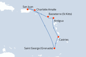 Carte itinéraire croisière Porto Rico, Royaume-Uni, Antigua-et-Barbuda, Sainte-Lucie, Grenade - 7 jours au départ de San Juan - Caraïbes Bahamas