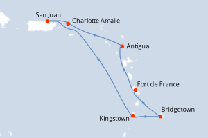 Carte itinéraire croisière Porto Rico, Saint Vincent-et-les-Grenadines, Barbade, France, Antigua-et-Barbuda, Royaume-Uni - 7 jours au départ de San Juan - Caraïbes Bahamas