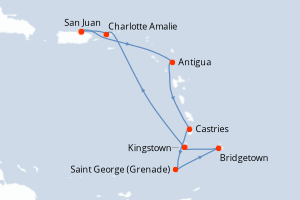 Carte itinéraire croisière Porto Rico, Antigua-et-Barbuda, Sainte-Lucie, Grenade, Barbade, Saint Vincent-et-les-Grenadines, Royaume-Uni - 9 jours au départ de San Juan - Caraïbes Bahamas