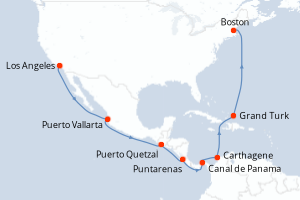 Carte itinéraire croisière Mexique, Guatemala, Costa Rica, Panama, Colombie, États-Unis - 18 jours au départ de Los Angeles - Amérique du Nord