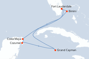 Carte itinéraire croisière États-Unis, Bahamas, Mexique, Caïmans (Îles) - 7 jours au départ de Fort Lauderdale - Caraïbes Bahamas