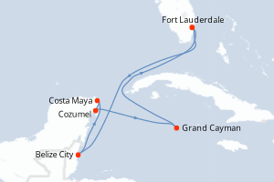 Carte itinéraire croisière États-Unis, Belize, Mexique, Caïmans (Îles) - 7 jours au départ de Fort Lauderdale - Caraïbes Bahamas