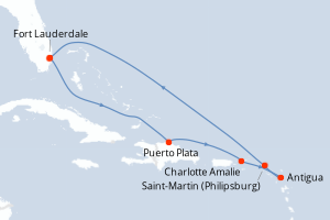 Carte itinéraire croisière États-Unis, République Dominicaine, Royaume-Uni, Antigua-et-Barbuda, Pays-Bas - 8 jours au départ de Fort Lauderdale - Caraïbes Bahamas