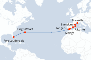 Carte itinéraire croisière Espagne, France, Maroc, Royaume-Uni, États-Unis - 16 jours au départ de Barcelone - Transatlantique