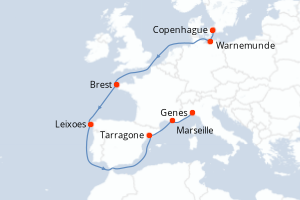 Carte itinéraire croisière Danemark, Allemagne, France, Portugal, Espagne, Italie - 11 jours au départ de Copenhague - Méditerranée