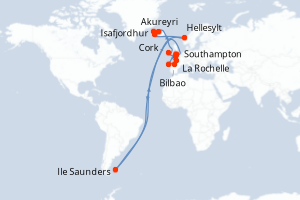 Carte itinéraire croisière Royaume-Uni, Irlande, Islande, Norvège, Îles Malouines, Espagne, France - 21 jours au départ de Southampton - Europe du Nord