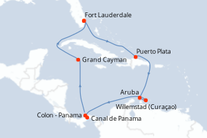 Carte itinéraire croisière États-Unis, République Dominicaine, Pays-Bas, Panama, Caïmans (Îles) - 11 jours au départ de Fort Lauderdale - Caraïbes Bahamas