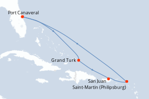 Carte itinéraire croisière États-Unis, Porto Rico, Pays-Bas - 7 jours au départ de Port Canaveral - Caraïbes Bahamas