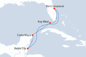 Carte itinéraire croisière États-Unis, Mexique, Belize - 7 jours au départ de Port Canaveral - Caraïbes Bahamas