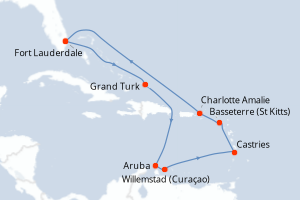 Carte itinéraire croisière États-Unis, Pays-Bas, Sainte-Lucie, Royaume-Uni - 12 jours au départ de Fort Lauderdale - Caraïbes Bahamas