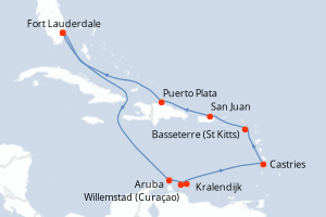 Carte itinéraire croisière États-Unis, Pays-Bas, Sainte-Lucie, Royaume-Uni, Porto Rico, République Dominicaine - 12 jours au départ de Fort Lauderdale - Caraïbes Bahamas