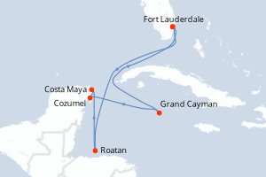 Carte itinéraire croisière États-Unis, Honduras, Mexique, Caïmans (Îles) - 7 jours au départ de Fort Lauderdale - Caraïbes Bahamas