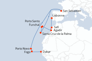 Carte itinéraire croisière Sénégal, Cap-Vert, Espagne, Portugal, Maroc - 14 jours au départ de Dakar - Atlantique