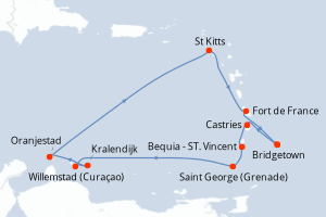 Carte itinéraire croisière Barbade, Sainte-Lucie, Saint Vincent-et-les-Grenadines, Grenade, Pays-Bas, Aruba, Antigua-et-Barbuda, France - 11 jours au départ de Bridgetown - Caraïbes Bahamas