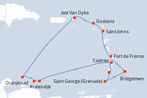 Carte itinéraire croisière Barbade, Grenade, Saint Vincent-et-les-Grenadines, Sainte-Lucie, Pays-Bas, Aruba, Royaume-Uni, Antigua-et-Barbuda, France - 13 jours au départ de Bridgetown - Caraïbes Bahamas