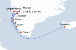Carte itinéraire croisière Gröenland, Islande - 10 jours au départ de Nuuk - Europe du Nord