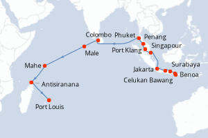 Carte itinéraire croisière Indonésie, Singapour, Malaisie, Thaïlande, Sri Lanka, Maldives, Seychelles, Madagascar, Maurice - 25 jours au départ de Benoa - Mer Rouge Océan Indien